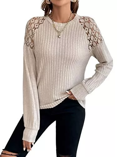 GORGLITTER Pullover & Strickmode GORGLITTER Damen Elegant Pullover mit Spitzenbesatz Elegant Langarmshirt Gestrickt Oberteil Sweatshirt Pulli Rundkragen Casualshirt