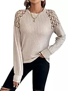 GORGLITTER Pullover & Strickmode GORGLITTER Damen Elegant Pullover mit Spitzenbesatz Elegant Langarmshirt Gestrickt Oberteil Sweatshirt Pulli Rundkragen Casualshirt