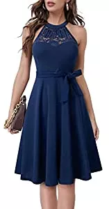 HOMEYEE Cocktail HOMEYEE Damen Vintage 50er Rockabilly Schulterfrei Bestickte Spitze Cocktailkleid A283