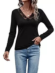 GORGLITTER Langarmshirts GORGLITTER Damen Langarmshirt Mit Spitze V Ausschnitt Oberteil Damenshirts Lässig Langarm Elegant Spitzen Top