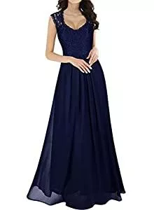 MIUSOL Cocktail Miusol Damen Ärmellos V-Ausschnitt Spitzenkleid Brautjungfer Cocktailkleid Chiffon Faltenrock Langes Kleid