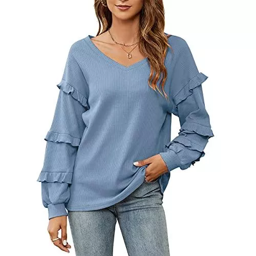 Buliezy Pullover & Strickmode Buliezy Dame Sweatshirt Longshirt Waffel Pullover Bluse Beiläufig V-Ausschnitt Strickpullover Casual Loose Elegant Oberteile Tunika Tops