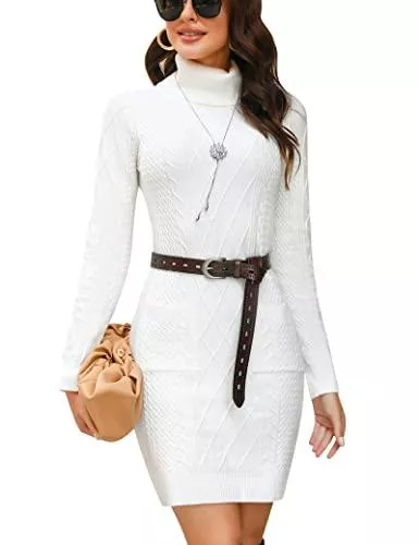 Totatuit Freizeit Totatuit Damen Strickkleid mit 2 Taschen Langarm Slim Fit Strickkleid Pulloverkleid Winter Hoher Kragen Warmes