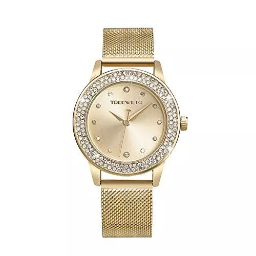 TREEWETO Uhren TREEWETO Damenuhr Analog Quarz Armband Armbanduhr Kristall Mesh Edelstahl Gürtel Damen Quarz Diamant Klassische Mode Romantisch Rosegold/Silber