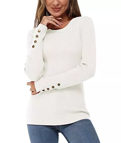 Newshows Pullover & Strickmode Newshows Damen Strickpullover Langarm Gerippter Rundhalsausschnitt Pulli Stretch Weich Pullover Oberteil Mit Knopfleiste