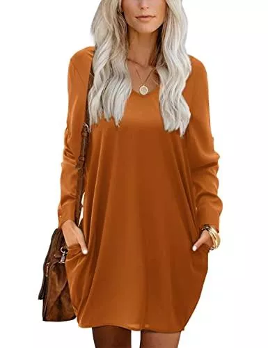 Beluring Freizeit Beluring Damen Kleid mit Taschen Kleider Herbst Langarm/Kurzarm V-Ausschnitt Lässig Shirtkleid