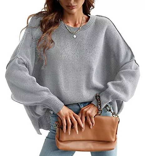 ZIYYOOHY Pullover & Strickmode ZIYYOOHY Damen Pullover Oversized Fledermausärmel Rundhals überschnittene Schulte Strickpullover Lose Einfarbig mit Saumschlitz