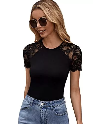SheIn Kurzarmblusen SheIn Damen Elegant Oberteil Tops T-Shirt Spitzenarm Oberteile Sommer Slim Shirts Einfarbig Basicshirt mit Rundhals