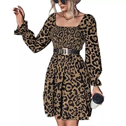 Cocoarm Freizeit Damen Sexy Kurzes Kleid eckiger Kragen Langarm Freizeitkleid Hohe Taille Rückenfrei Partykleid Cocktailkleid Elegant Tunikakleid mit Leopardenmuster und Gürtel