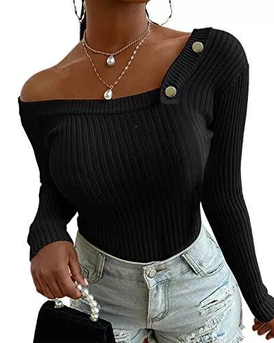 Maxwinee Pullover & Strickmode Maxwinee Pullover Damen Schulterfrei Sexy Slim Fit Langarmshirt One Shoulder Dünn Pulli Oberteile Herbst