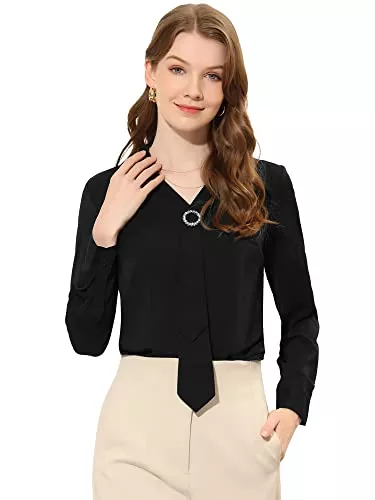 Allegra K Langarmblusen Allegra K Damen Bluse Langarm V-Ausschnitt Umlegekragen Krawatte Büro Arbeit Top