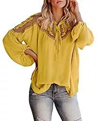 Style Dome Langarmblusen Style Dome Damen Bluse Lange Laterne Ärmel Oberteile Lace Shirt Elegant Loose Longshirt