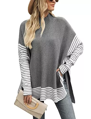 Migcaput Pullover & Strickmode Migcaput Pullover Damen Strickpullover Oversize Knitted Rundhals Lose Pulli Gestreifter Pullover Cape Pullies Longpullover Winterpullover Outerwear