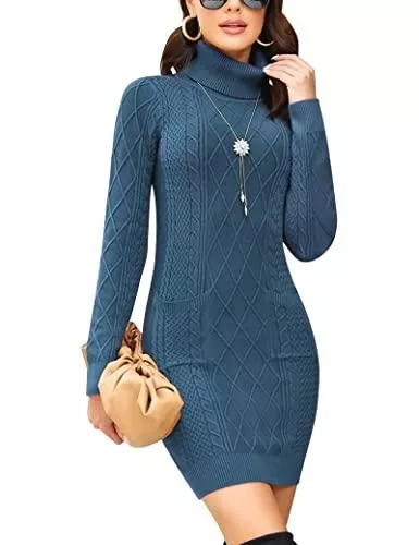 Totatuit Freizeit Totatuit Damen Strickkleid mit 2 Taschen Langarm Slim Fit Strickkleid Pulloverkleid Winter Hoher Kragen Warmes