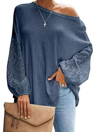 Hiistandd Pullover & Strickmode Hiistandd Damen Langarm Shirt Damen Langarm Top Damen Langarmshirt Rundhals Ärmel Hohl Patchwork Einfarbig Top Shirt Bluse
