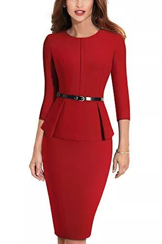 HOMEYEE Business HOMEYEE Elegantes Damen Schößchen mit Rundhalsausschnitt Businesskleid B473