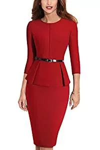 HOMEYEE Business HOMEYEE Elegantes Damen Schößchen mit Rundhalsausschnitt Businesskleid B473