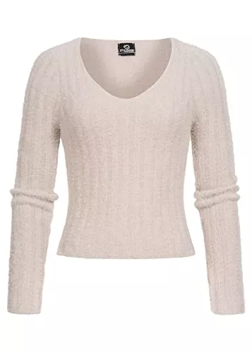 Styleboom Fashion® Pullover & Strickmode Styleboom Fashion® Damen kurzer V-Neck Fluffy Pullover Kunstfell beige