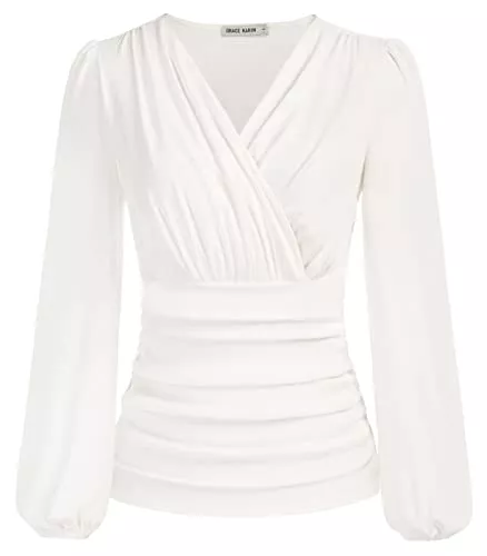GRACE KARIN Langarmblusen GRACE KARIN Damen V-Ausschnitt Bluse Elegant Wickelbluse Laterne Langarm Slim Fit Plissee-Top Tunika Bluse