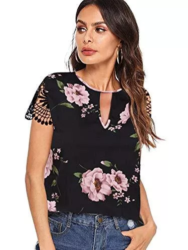 floerns Kurzarmblusen Floerns Women's Short Sleeve Lace Keyhole Summer Chiffon Blouse Top Black Flowy L