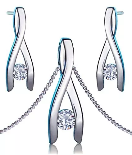 Feder Schmuck Feder Schmuckset Silber 925 für Damen mit Halskette und Ohrringen inkl. Schmuck-Etui - Silberschmuck Kette und Ohrringe Set rhodiniert und besetzt mit Zirkonia Steinen - Damenschmucksets