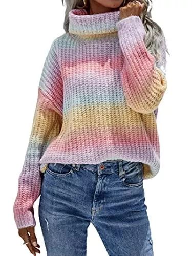 GOWEGB Pullover & Strickmode Damen Regenbogen Strickpullover Y2k Strickpullover Pullover Farbblock Pullover Strickoberteil Rundhals Langarm Pullover