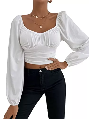 SheIn Langarmblusen SheIn Damen Crop Top Langarm T-Shirt Herzausschnitt Oberteil Bauchfrei Cropped Shirts Langarmshirts mit Laternenärmeln