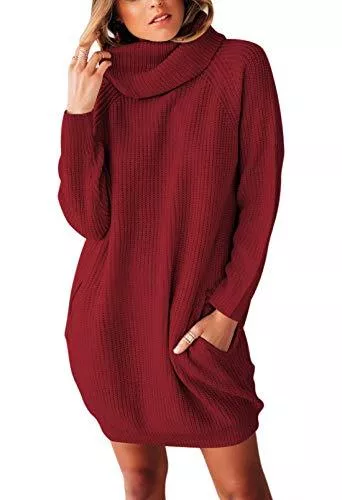 Sovoyontee Pullover & Strickmode Sovoyontee Damen Langarm Baggy Oversize Rollkragen Pullover Sweater Kleid mit Taschen
