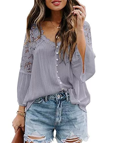 Uusollecy Langarmblusen Uusollecy Damen Bluse Elegant Oberteile Spitze mit V-Ausschnitt Aushöhlen Lose Tops Damen Spitze Casual Hemd Damen Chiffon Tops