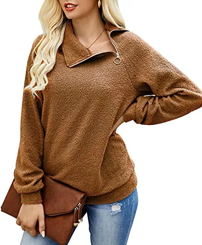 FCSONU Pullover & Strickmode FCSONU Damen Casual Langarm Fleece Pullover Sweatshirt Oblique Zipper Neck Revers Tops