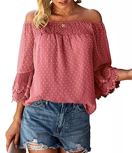 Bequemer Laden Kurzarmblusen Damen Sommer Off Shoulder Oberteile 3/4 Ausgestellte Ärmel Polka Dot Casual Tuniken Bluse T-Shirt