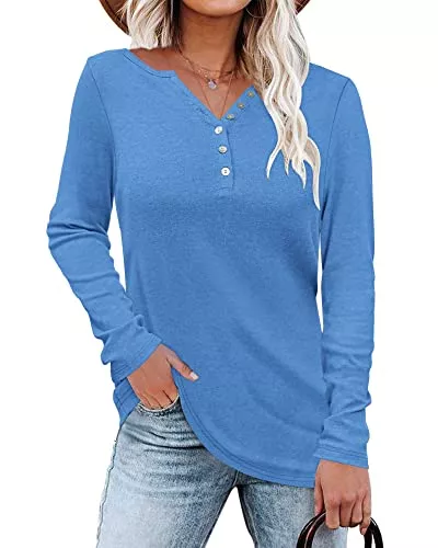 WNEEDU Langarmshirts WNEEDU Damen Langarmshirt Henley Shirt Langarm Lässig T-Shirt V-Ausschnitt Bluse Knöpfe Pullover