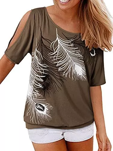 YOINS Kurzarmblusen YOINS Tshirt Damen Kurzarm Sommer Top Schulterfrei Oberteil Damen Off Shoulder Carmen Shirt Feder