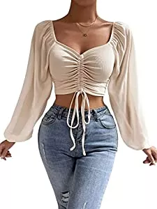 SheIn Langarmblusen SheIn Damen Bauchfrei Oberteil Durchsichtig Ärmel Crop Top Langarmshirt Herzausschnitt Tops mit Tunnelzug