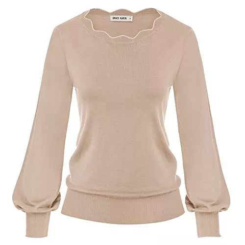 GRACE KARIN Pullover & Strickmode GRACE KARIN Damen Langarm Rundhals Pullover Vintage elegant Sweater Laternenärmel H-Linie Tops