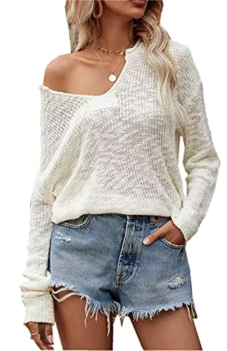 ZIYYOOHY Pullover & Strickmode ZIYYOOHY Damen Strickpullover V Ausschnitt Langarmshirts Pullover Sweatshirt Schulterfrei Lose Casual Oberteil Tops Sweater Pulli Einfarbig