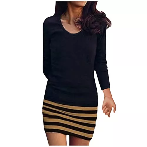 Generic Freizeit Geschenke Für Frauen Strickkleid Damen, Damen Casual Kleid V-Ausschnitt Einfarbig Patchwork Langarm Kleid, Jugendweihe Kleider, Herbstkleider