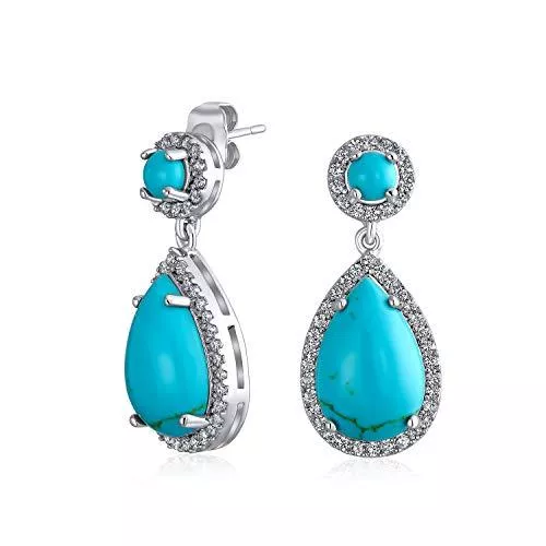 Bling Jewelry Schmuck Mode Simuliert Türkis Teardrop Kubik Zirkonia Halo Pave Cz Dangle Statement Ohrringe Für Frauen Silber Vergoldet Messing