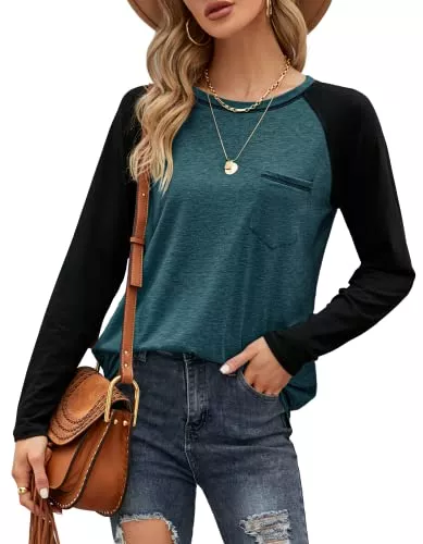 Odosalii Langarmshirts Odosalii Langarmshirt Damen Rundhals Farbblock Pullover Casual Langarm Oberteile Elegant Shirt Tunika Top mit Taschen