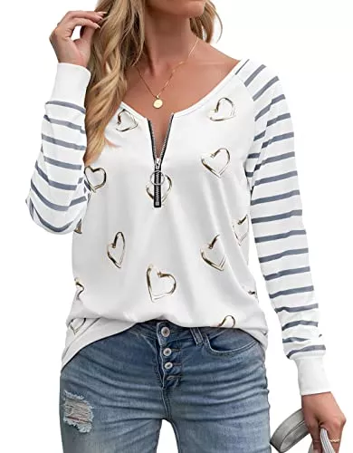 Kapoohott Langarmblusen Kapoohott Damen T-Shirt Langarm Elegant Oberteile Casual V-Ausschnitt Shirts Streifen Herzförmig Langarmshirt Bluse Tops mit Reißverschluss