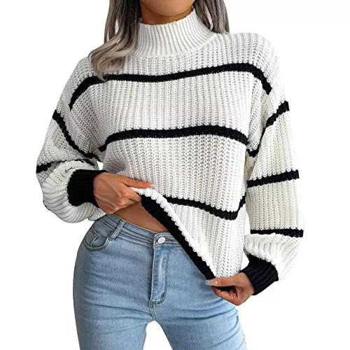 Generic Pullover & Strickmode Winter Damen Oversized Langarm Gestreifter Pullover Rollkragen Seitenschlitz Tunika Pullover Pullover Knit Tops Frühlingspullover für Damen