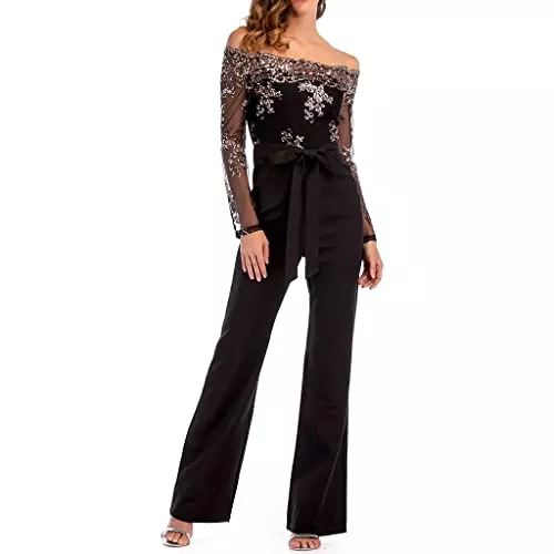 Battnot Jumpsuits Battnot Damen Jumpsuit Schulterfrei Bogen-Bügel Gürtel, Frauen-beiläufiger Spitze Overalls Sexy Elegant Langarm Strampler Lose Lange Hosen Womens Casual Lace Tracksuit Pants Festlich Hochzeit Blau
