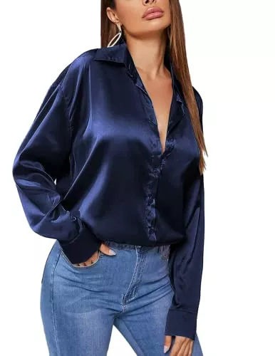 Beyove Langarmblusen Beyove Damen Bluse Satin Seide V-Ausschnitt Hemden Elegant Langarm Business Oberteile mit Knöpfen Tops Lose Langarmshirt