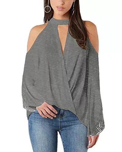 YOINS Kurzarmblusen YOINS Damen Langarmshirt Schulterfrei Sommer Oberteile Damen V-Ausschnitt Carmen Shirt Langarm Spitzenbluse Tops Cross Front
