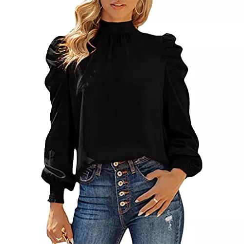 Cocoarm Langarmblusen Damen Bluse Langarm Shirts mit Laternenhülle Elegante Lockere Lässige Top Reine Farbe Hemd Oberteil