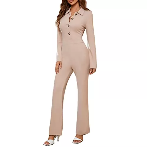 Cocoarm Jumpsuits Cocoarm Jumpsuit Damen Langarm Overall Elegant Umlegekragen Playsuit Casual Lang Romper Knopf Oberteile Gerade Beinhose Lässiger Hosenanzug