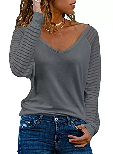 Dokotoo Pullover & Strickmode Dokotoo Damen Oberteile Streifen Mesh Langarmshirt Casual V-Ausschnitt Bluse Shirt Tops S-XXL