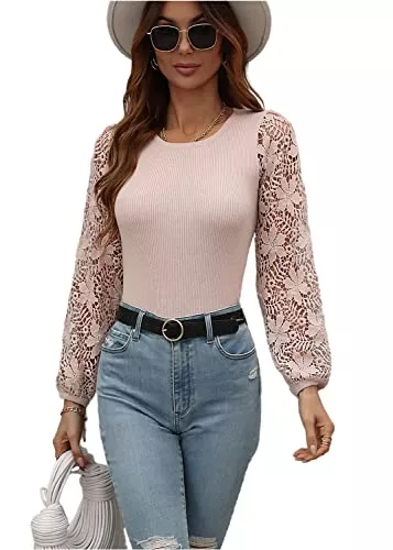 AMOMA Pullover & Strickmode AMOMA Damen Rundhalsausschnitt aushöhlen Spitze Langarm Patchwork Pullover Freizeit Strickpullover Tops