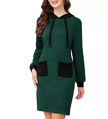 Clearlove Freizeit Clearlove Damen Hoodie Kleid Langarm Kapuzenpullover Farbblock Sweatkleid Herbst Winter Sweatshirts Kleid mit Tasche