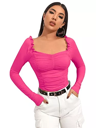 DIDK Langarmshirts DIDK Damen Crop Langarm Shirts Rüschen Oberteil Einfarbig Basicshirt Elegant T-Shirt Langarmshirts mit Herzausschnitt